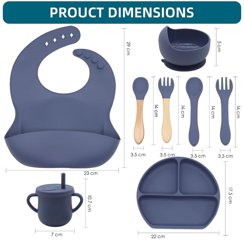 Dormlony 100% Silicone Baby Feeding Set, BPA Free Baby Dishes with Suction Bowl, Divided Plate, Toddler Self Feeding Dish Set with Spoons, Forks, Sippy Cup and Bib, Baby Eating Utensils (Navy Blue) - Image 2